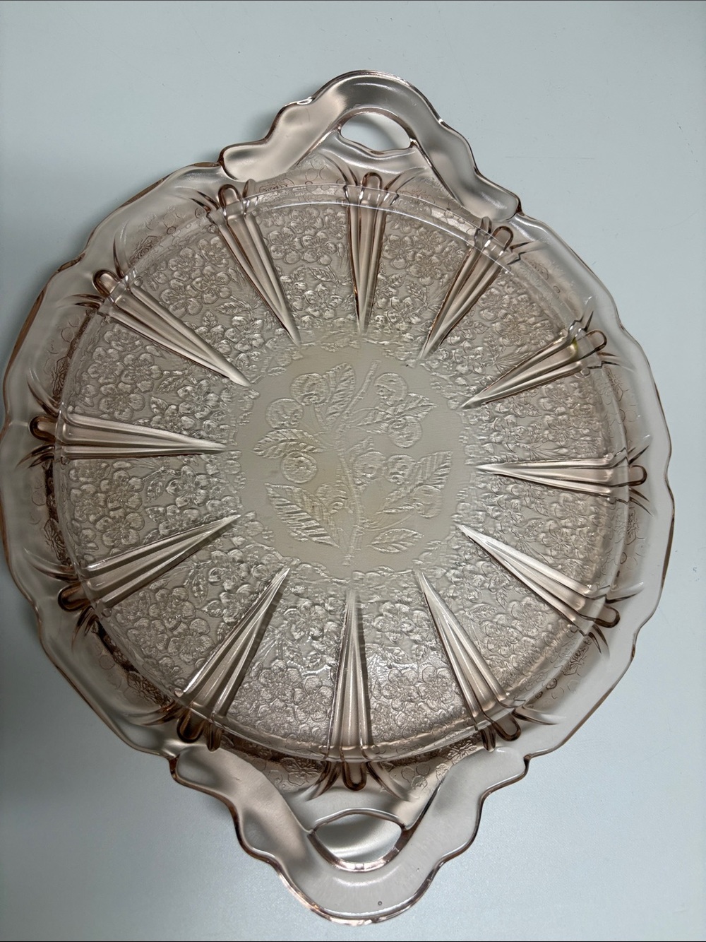Depression Glass Serving Tray - Princess Pink Floral Pressed Glass